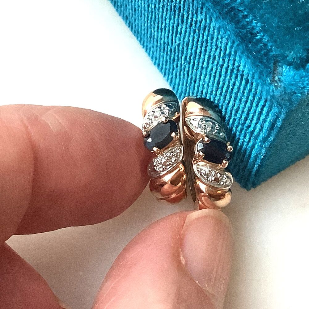 Ross Simons Earrings Sterling Gold Vermeil Genuine Sapphire Diamond Hoop Huggie